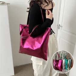 New Chic Large Handbag Women Shopping Shoulder Bag Simple PU Leather Totes Bags Shiny Casual Female Purse Girls Clutch Party Bag