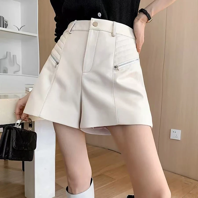 Leather Shorts Women Autumn Sheepskin High Waist A-Line Wide Leg Zipper Short Pantolon Mujer Coffee Slim Versatile Leather Pants