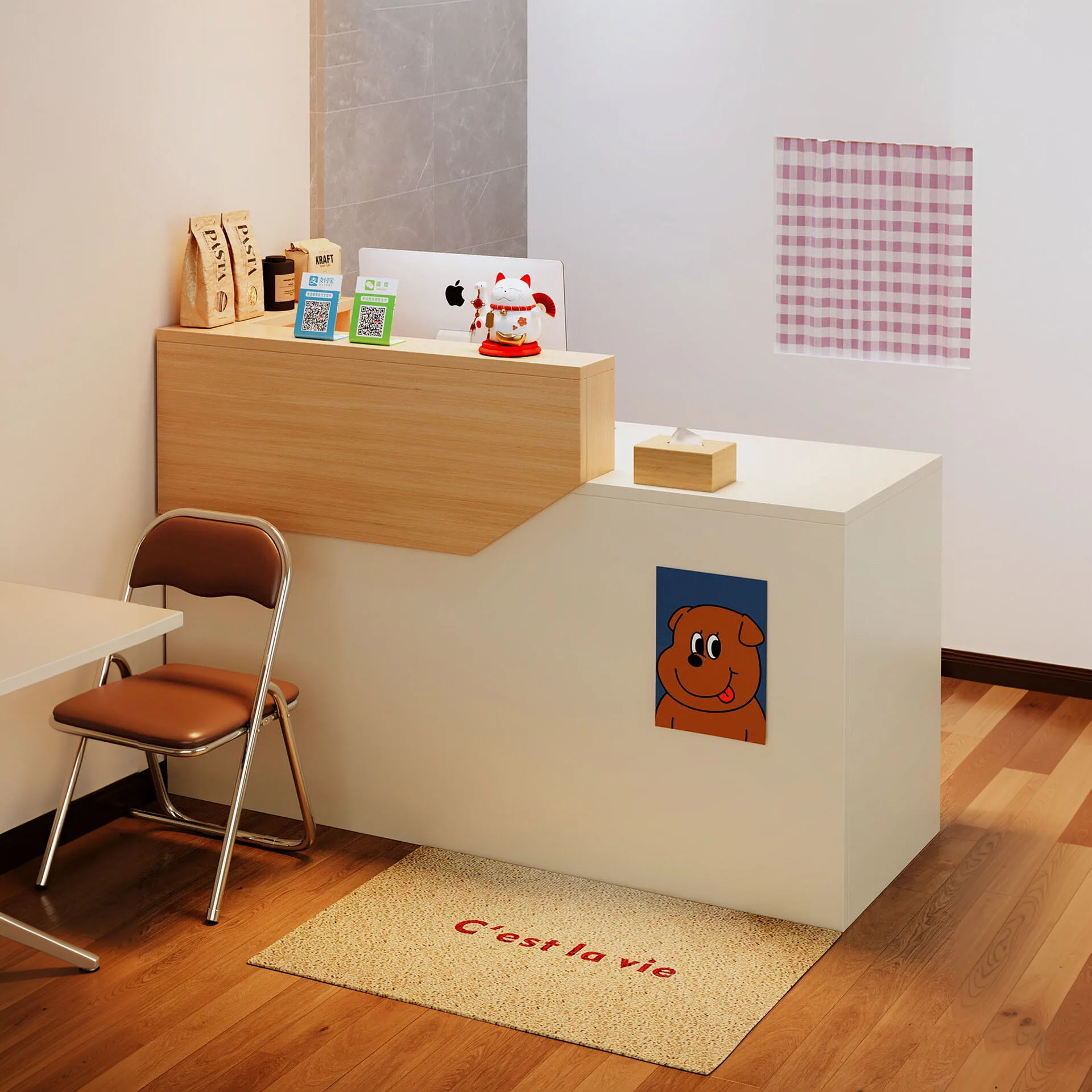 Small checkout page with corner restaurant catering front desk clothing store counter women's clothing store reception desk shop