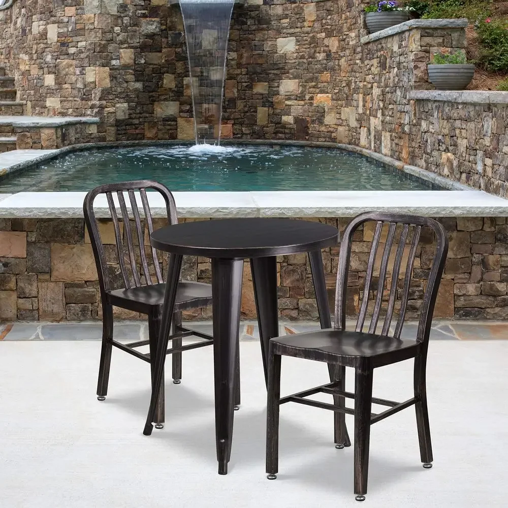 

Commercial Grade 24 Round Antique Metal Table Set2 Vertical Slat Back Chairs