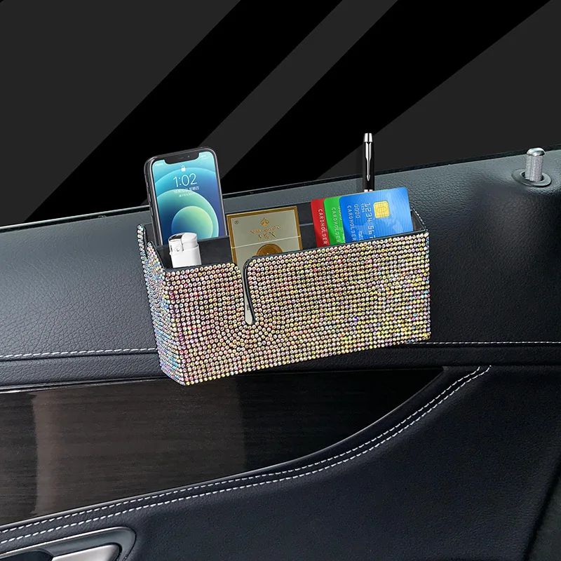 Diamond Car Storage Box Organizer Multifunction Paste Storage Bag PVC Storage Daily Necessities Bling Car Accessories for Woman