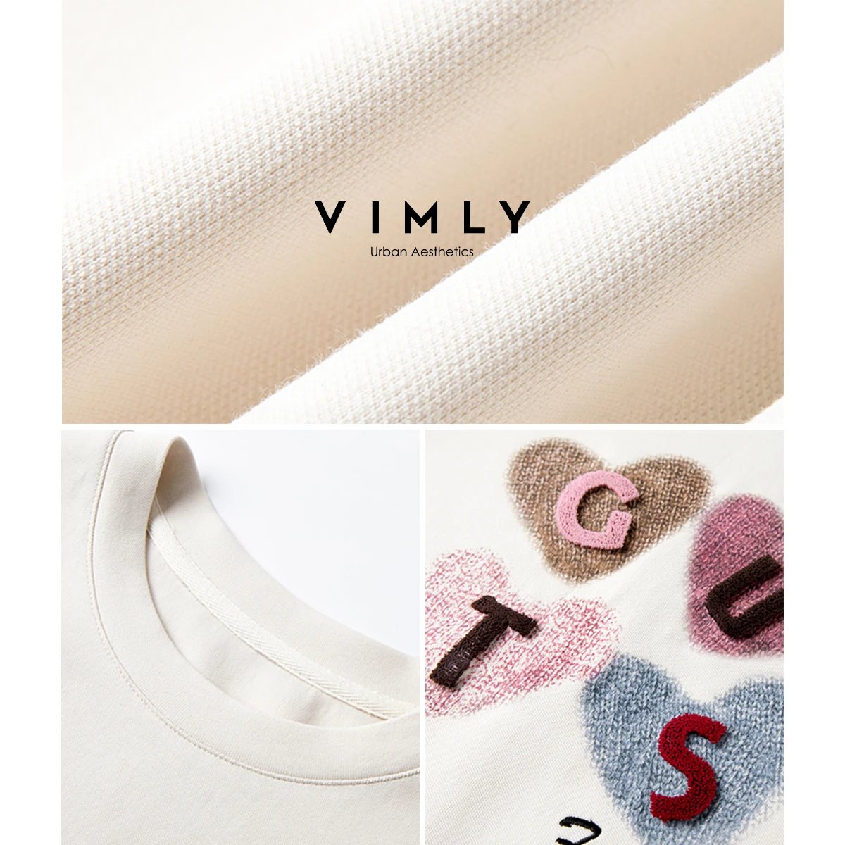 VIMLY Women's Graphic Sweatshirt 2025 Spring Autumn Letter Embroidered Loose Crew Neck Long Sleeve Top Woman Clothing A0399