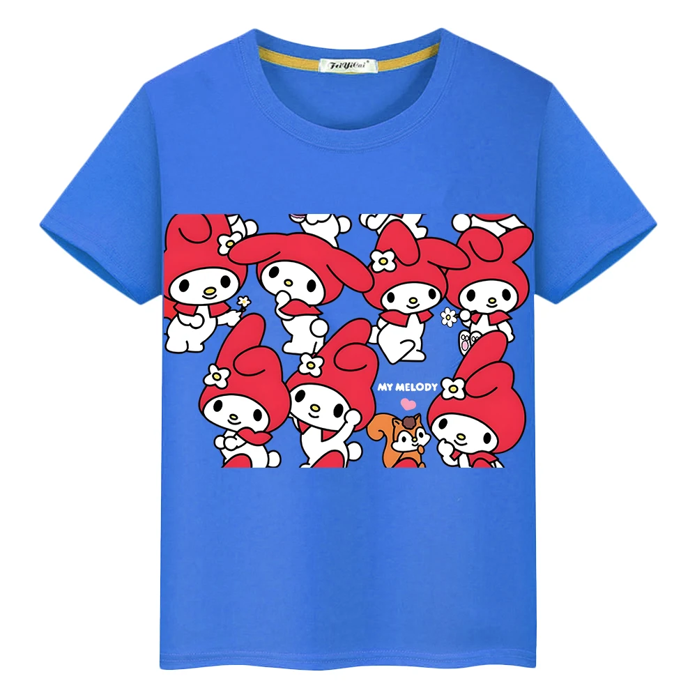 Sanrio Melody Kawaii Print 100% хлопок короткая футболка аниме тройники гордость футболка Симпатичные топы мальчик одежда y2k цельнокроеная детская одежда для девочек