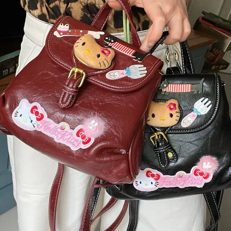 

MBTI Hello Kitty Womens Backpack Vintage Patchwork Cartoon Embroidery Cute Backpacks Fashion Casual Pu leather Kawaii Ladies Bag