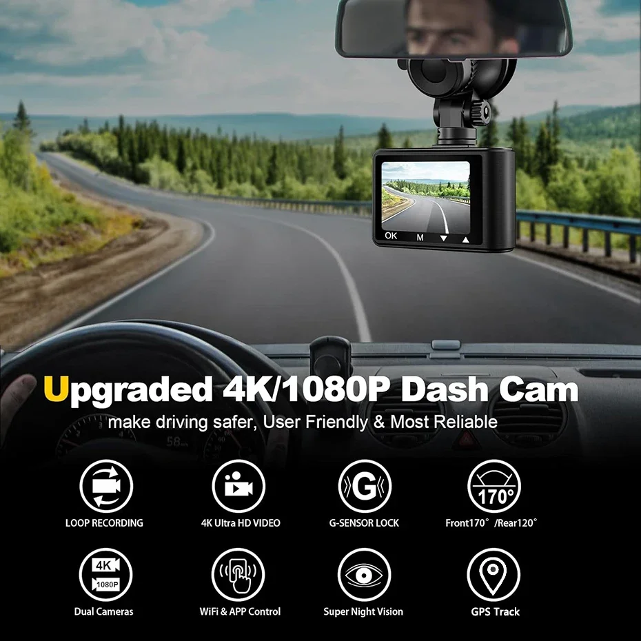 Dash Cam UHD 4K+1080P Dual Lens Car Recorder With WiFi GPS Tracker HD 2160P IR Night Vision Camcorder G-Sensor Car DVR Black Box