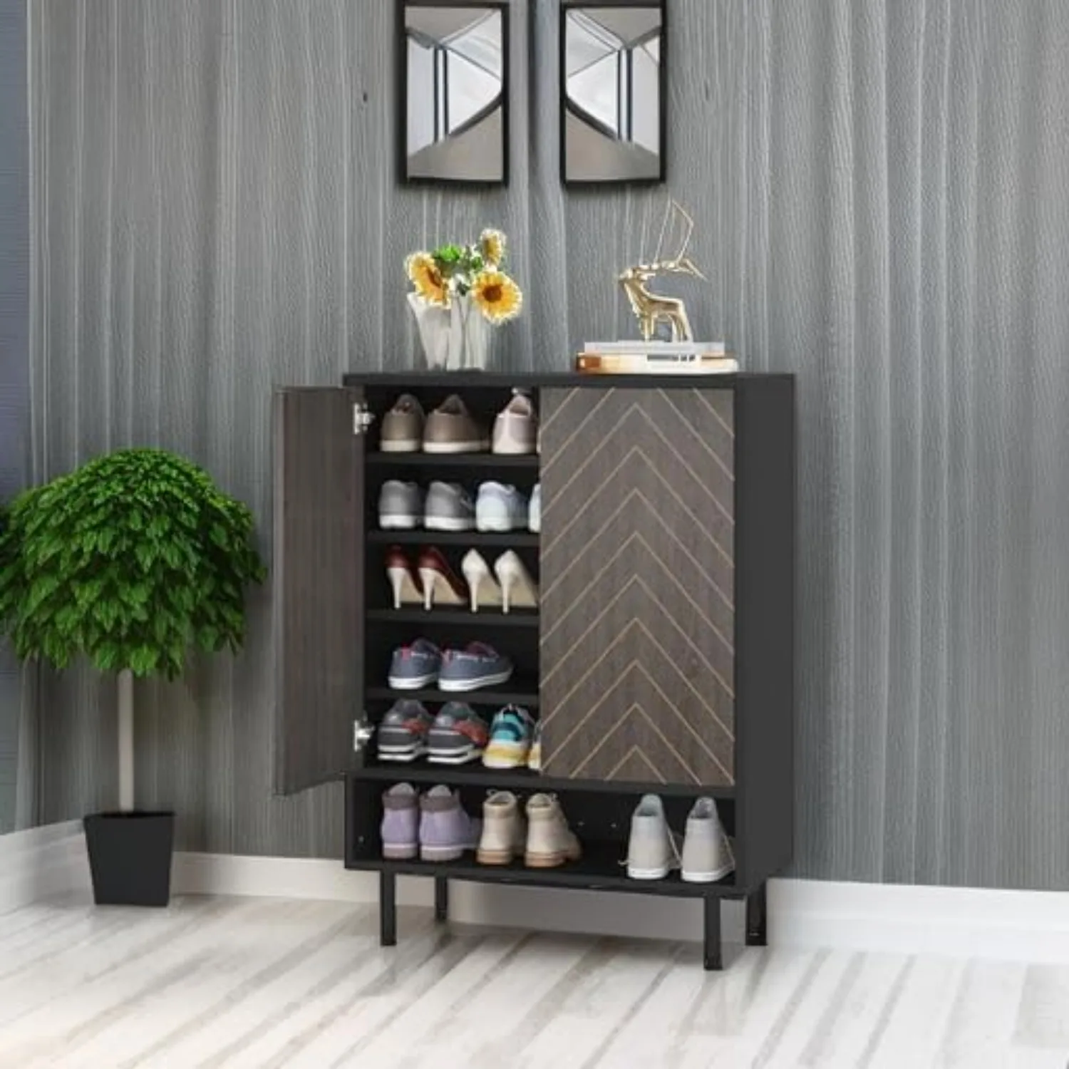 Shoe Cabinet, Shoe Rack Organizer Cabinet with Door, 6-Tier Modern Shoe Storage Cabinet with Shelves for Entryway Hallway Closet