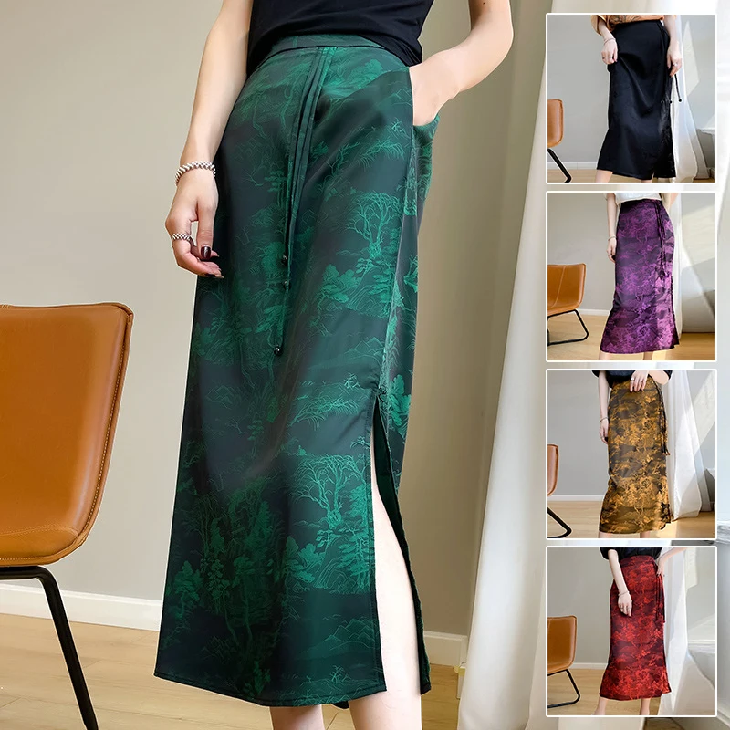 Jupe longue en satin pour femme, style chinois, vintage, été, maxi, fente latérale, cheongsam, tissage jacquard, batterie, streetwear