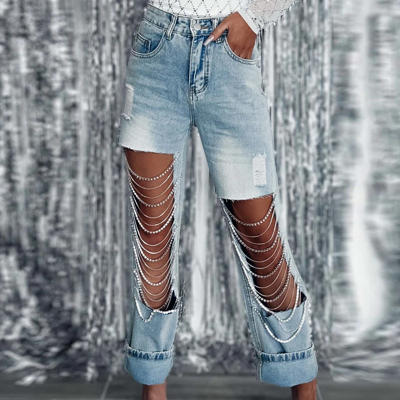 

Sexy Rhinestone Chain Hollow Women Jeans 2023 Spring High Waist Button Straight Pants Summer Casual Pocket Street Denim Trousers