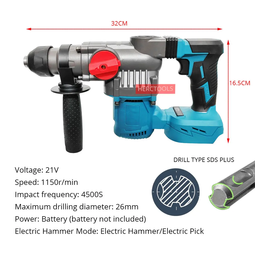 Brushless Cordless Rotary Hammer 21V Rechargeable Electric Hammer For SDS Plus Impact Drill Electric Pick No Lithium Battery