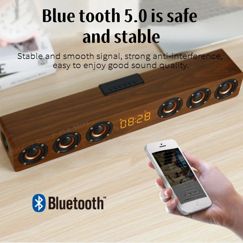 Holz 6 Horn Sound bar Lautsprecher Musik Akustik system 24w Hifi Stereo Musik Surround LED Uhr Display Outdoor Bluetooth Lautsprecher