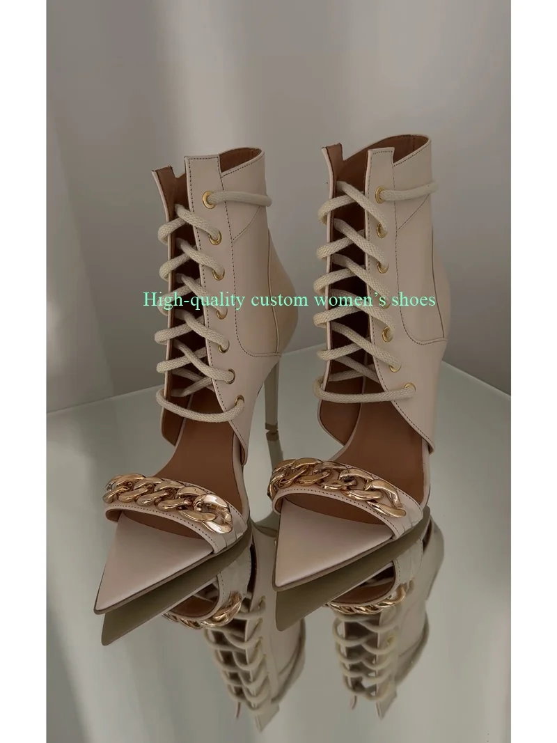Instep Metal Chain Decoration Summer Ankle Boots Cross Straps Hollow Out Leather High-Heeled Sandals  Luxury Women's Shoes