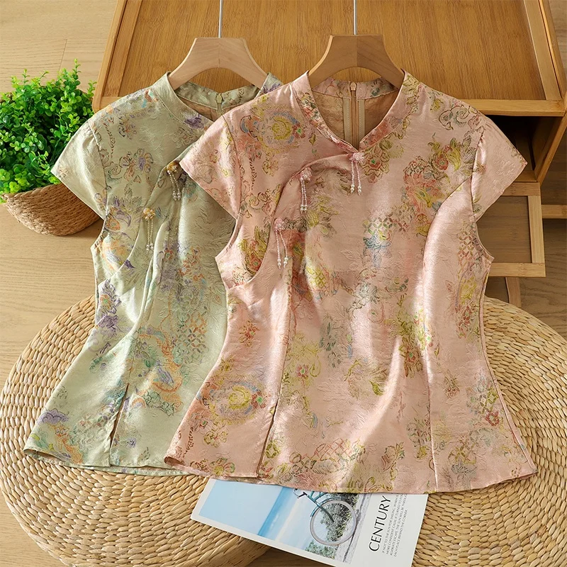 

Summer 2026 Floral Embroidery Shirt Women's Crew Neck Short Sleeve High End Fashionable Top Brand Large Size