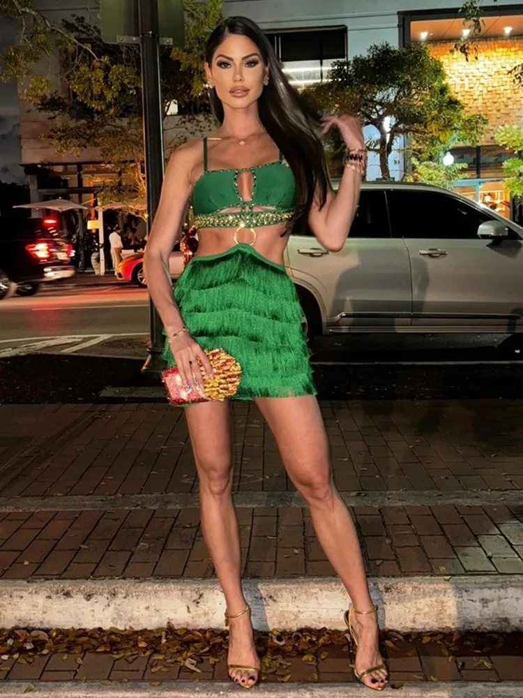 Women Celebrity Sexy Sleeveless Backless Green Tassel Cut Out Mini Bodycon Bandage Dress 2024 Elegant Evening Club Party Outfit