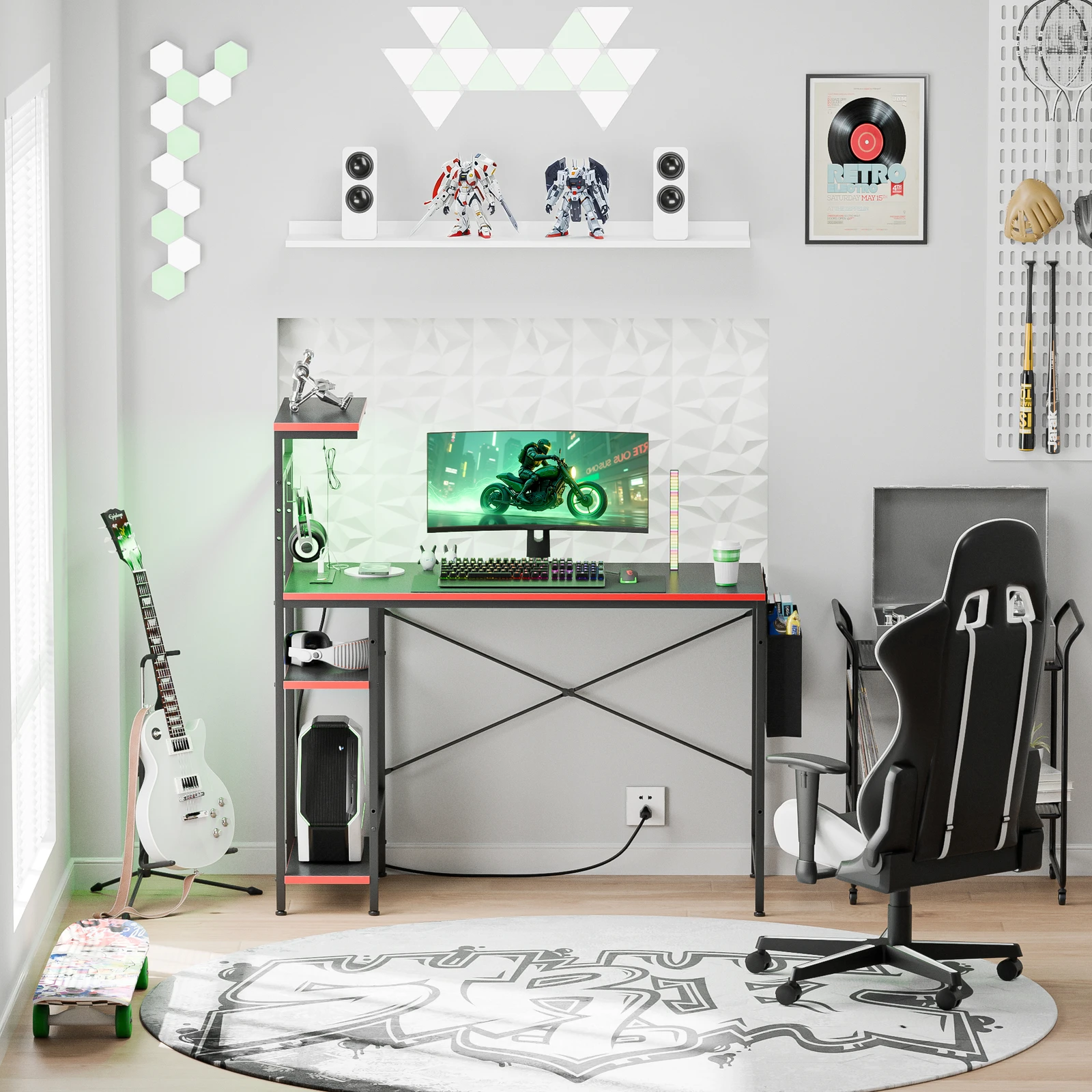 Computer desksGaming Desk with Power Outlets and LED Lighting 44 Inch Computer Desk with Hooks for Home Office Multi Functional