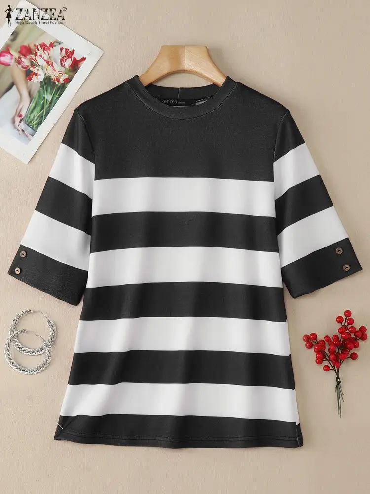 

ZANZEA Contrast-Color Striped Blouses Autumn Women's Casual O-Neck Half Sleeve Buttons T-Shirts Korean Fashion Woman Clothes 3XL