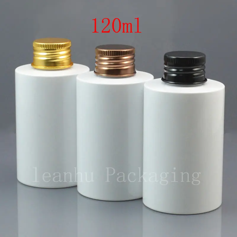 

50pcs 120ml Empty White PET Cosmetic Bottle With Gold Bronze Black Aluminum Screw Cap 120cc Toners Refillable Container