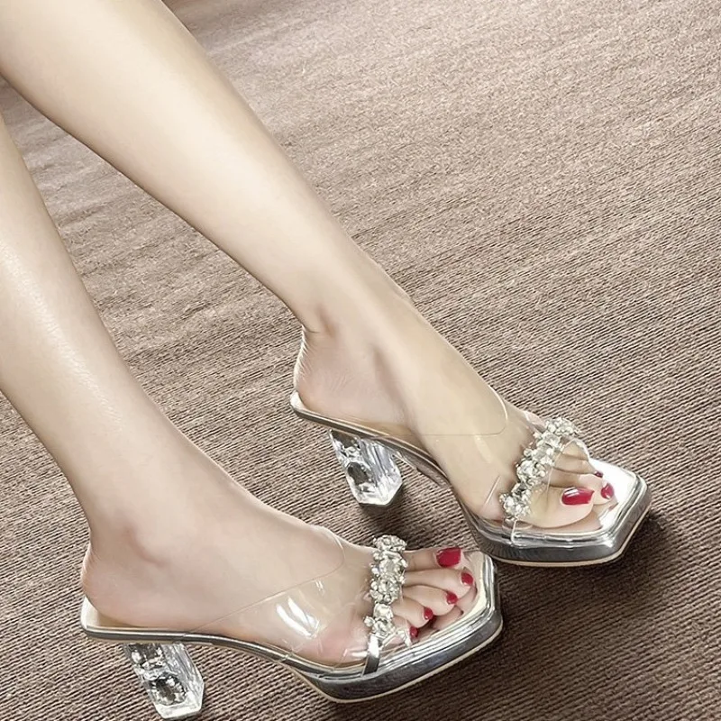 

Summer Women Sandals Crystay Jelly Slippers High Heels Pumps Sexy Shining Transparent Women Slippers Shoes Heel Clear Sandals 42