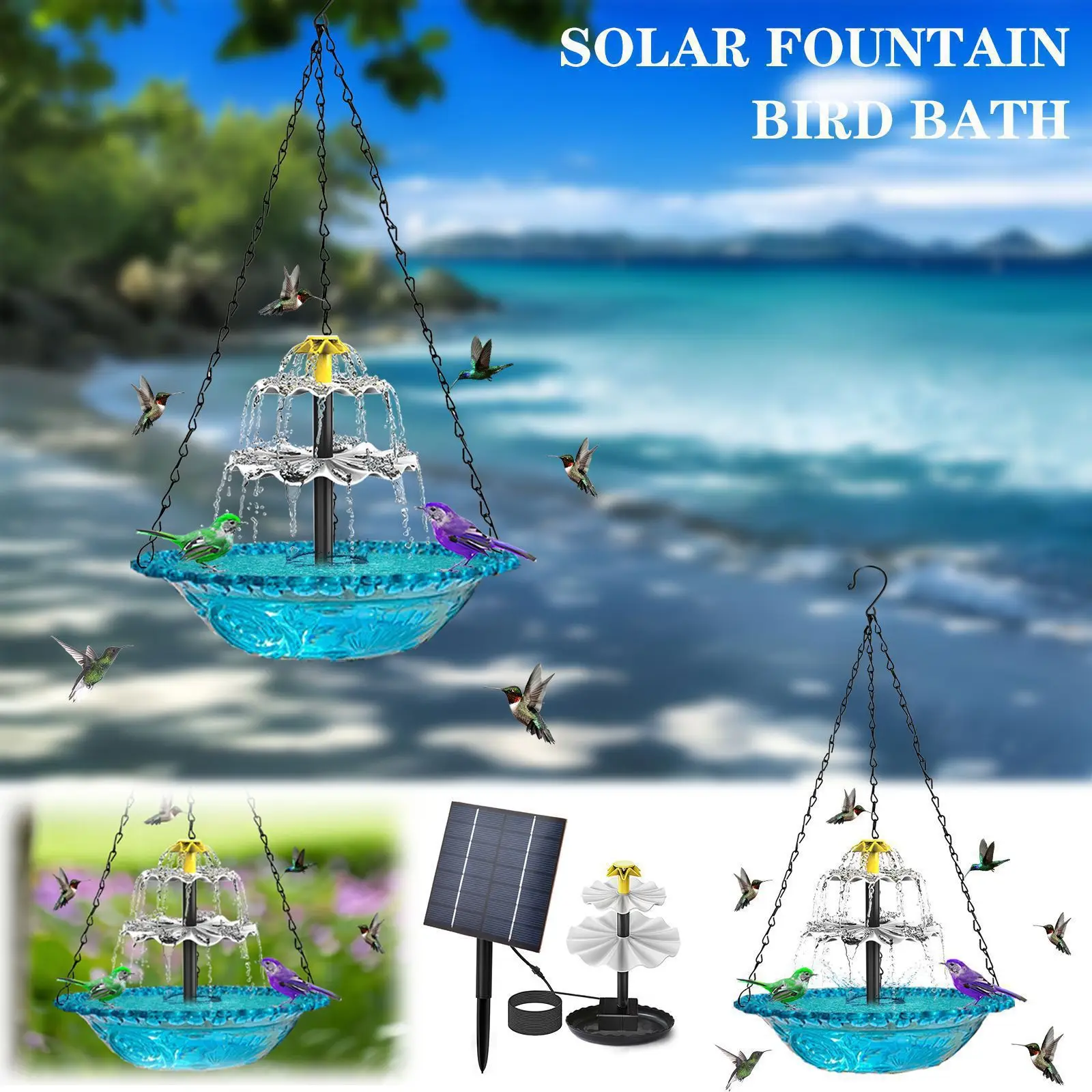

Solar powered floating bird bath fountain, outdoor balcony bird feeder, suspended bird feeder