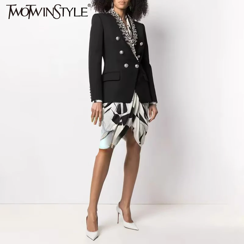 

TWOTWINSTYLE Solid Slimming Spliced Double Breasted Blazer for Women Lapel Long Sleeves Patchwork Diamonds Coat Female Clothing