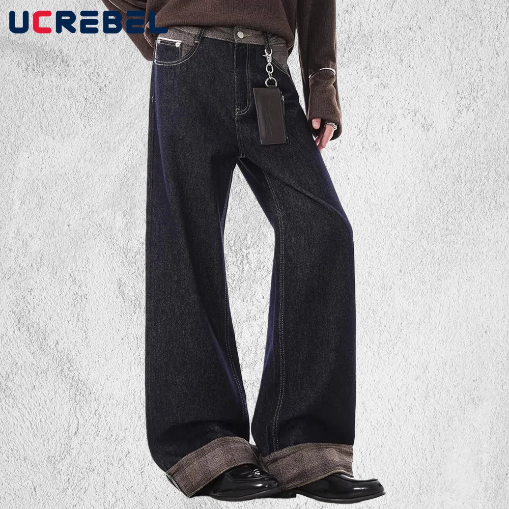 

Patchwork Jeans Mens Pocket Retro High Street Washed Distressed Baggy Straight Wide Leg Denim Pants Man