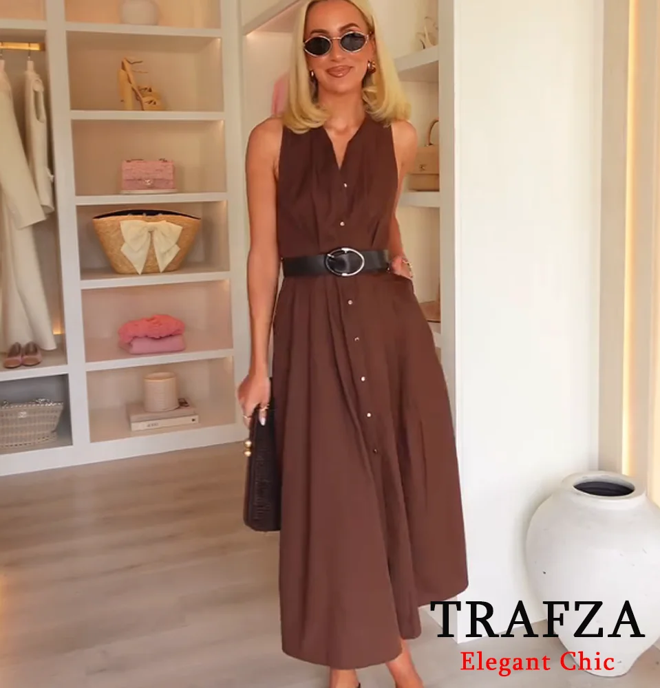 

TRAFZA Women Vintage Belt Dress Sleeveless Buttons Midi Dresses 2025 New Spring Summer Fashion High Street Casual Dress