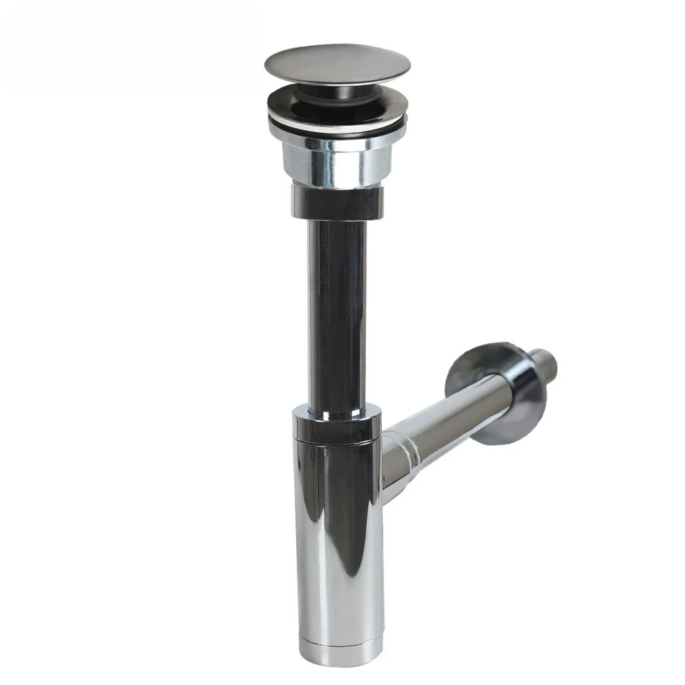 Modern Simple Bounce Type Washbasin Drain Plating Stainless Steel Wall Bathroom Basin Bottle Trap Drain Accessories