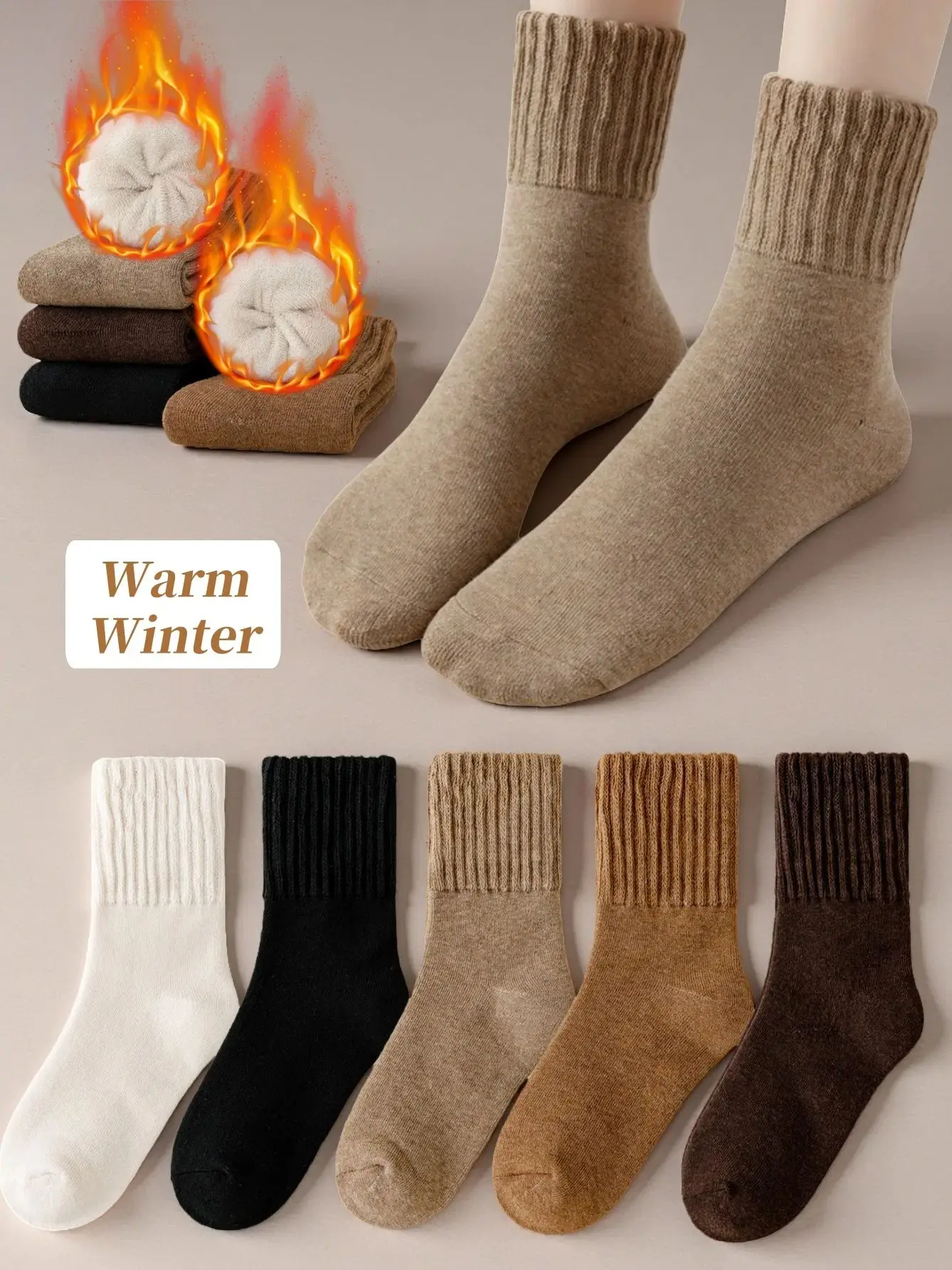 1/3/5 Paar Damen-Winter-Warmsocken, mittelhohe Socken, mit Fleece gefüttert, dick, kältebeständig, lockere Passform, einfarbig, lockere Socken – Detail 1