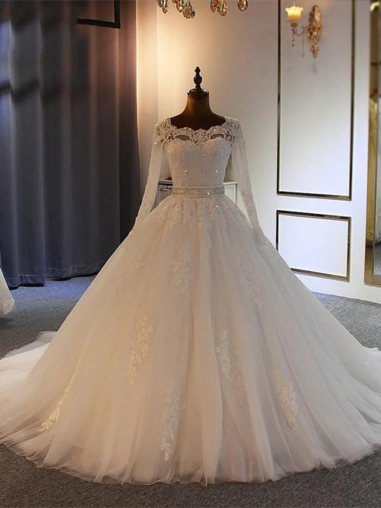Custom White Elegant Princess Dress Wedding Sweetheart Collar Long Sleeved Sheer Lace Sequin Belt Decoration Vestido De Novia