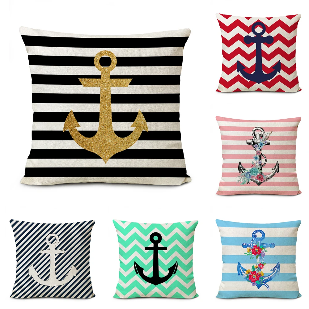 Navigation Style Anchor Printed Cushion Covers,High Quality Cotton Linen Pillowcase,Sofa Throw Pillow Cover for Home Decor