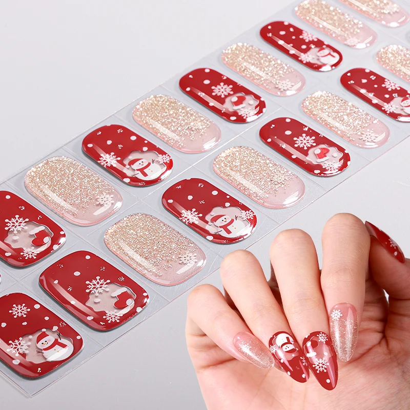 20 Tips Kerst Semi-Gehezen Gel Nail Wraps Sneeuwpop Sneeuwvlok Gel Nail Sticker Langdurige Gel Manicure Decals decoratie