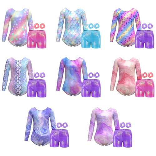Leotardos de gimnasia para niñas, monos de manga larga coloridos brillantes con pantalones cortos y diadema, 4 piezas para actuación de baile