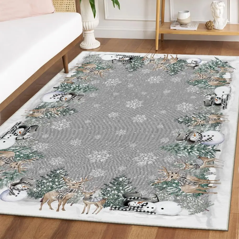 Grey Snowman Deer Tree Christmas Area Rug, Winter Home Decor Low-Profile Washable Area Rugs for Entryway Bedroom Living Room