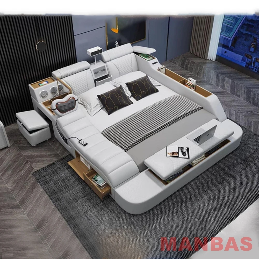 MANBAS Tech Smart Bed-prawdziwa skórzana tapicerka, wielofunkcyjny rama łóżka, masaż, głośnik, projektor i oczyszczacz powietrza