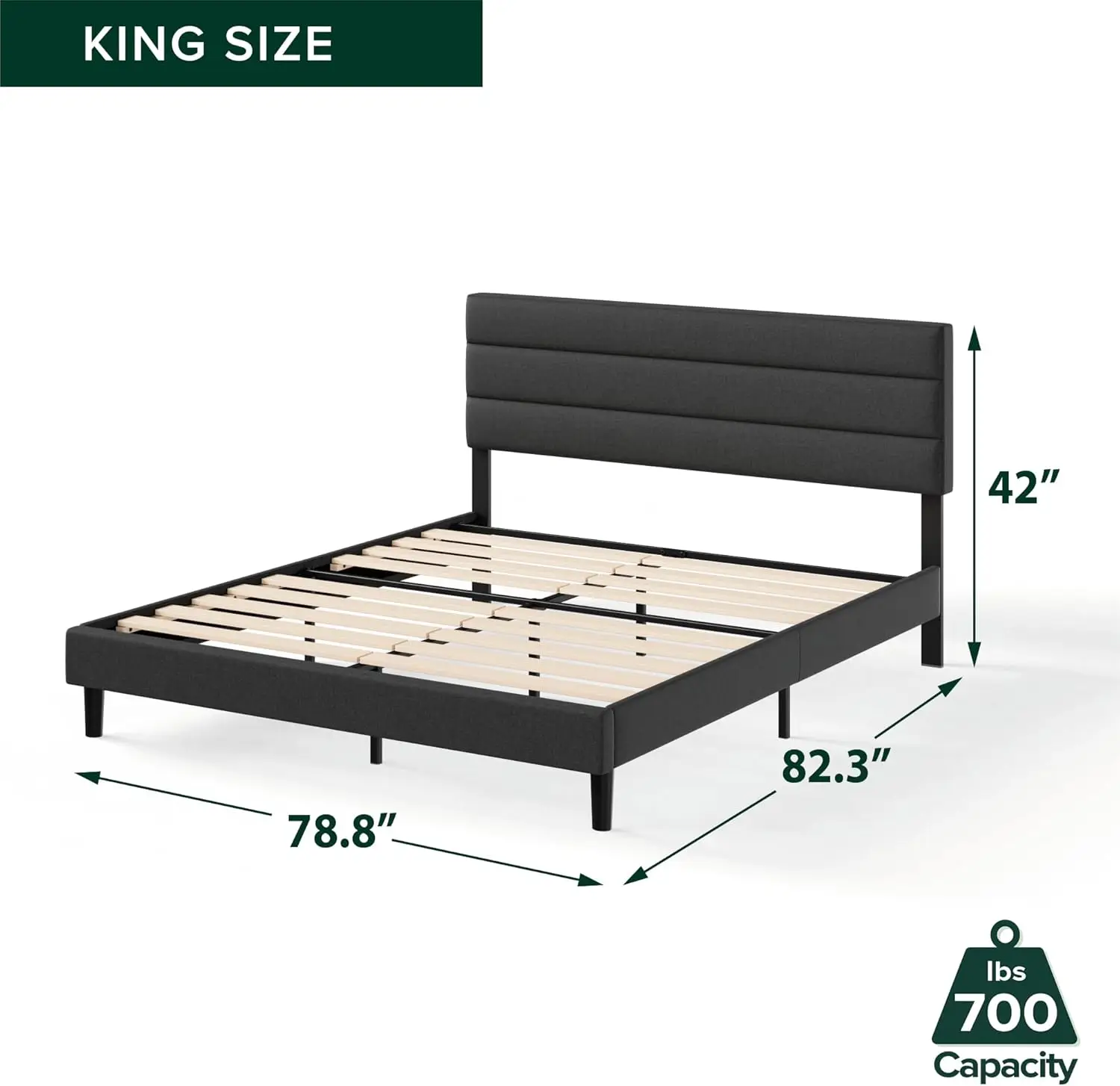 King Piper Upholstered Platform Bed with Horizontal Paneled Headboard, Wooden Slat Support, No Box Spring Needed, Easy Assembly,