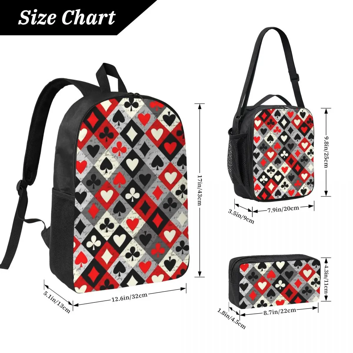 Playing Cards Poker Print Backpack Boys Girls BookBag School Bag Laptop Shoulder Bags 3ps Insulated Lunch Bag Pencil Case
