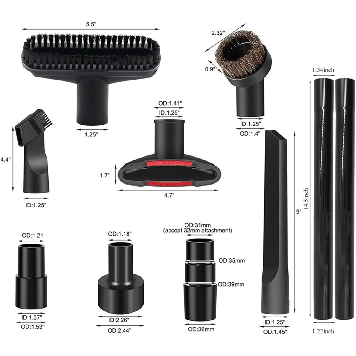 진공 부착물 및 브러시 호스 어댑터 부품, 2 1/2 인치-1 1/4 인치, 1 7/8 인치-1 인치, 15 개