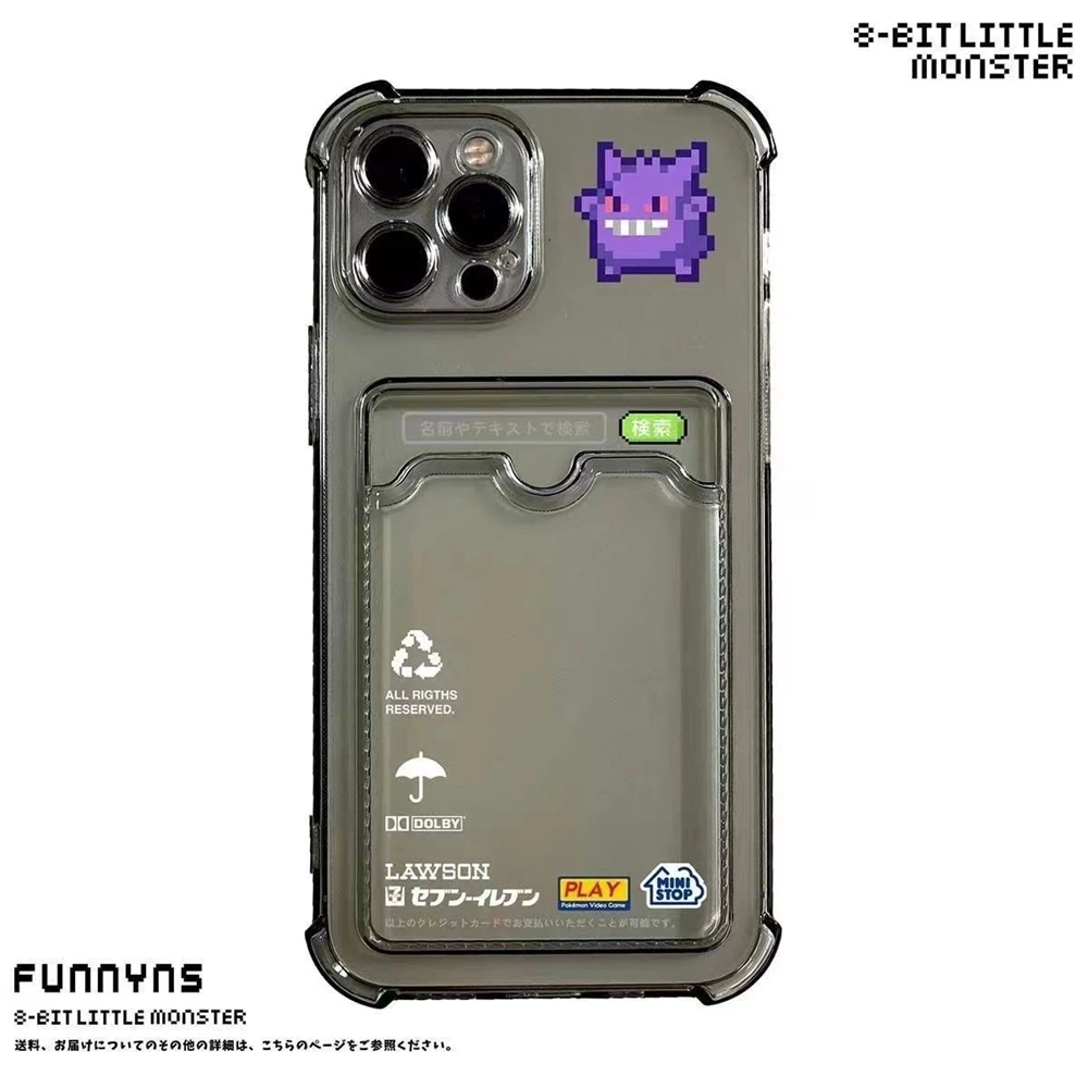 Funda protectora de Anime 3D para iPhone, bonita funda de teléfono suave y transparente con tarjetero de Pokémon Gengar para iPhone 11, 12, 13, 14, 15 Pro Max, X, XR