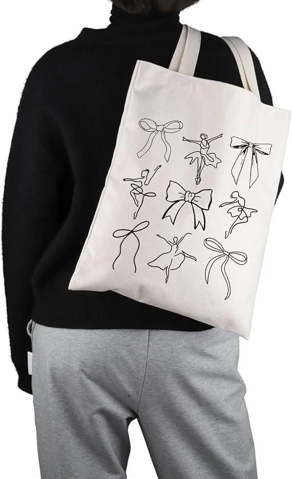 Cute Ballerina Bow Line Art Tote Bag Versatile Canvas Shoulder Bag for Women Casual Reusable Shopping Handbag Light Luxury