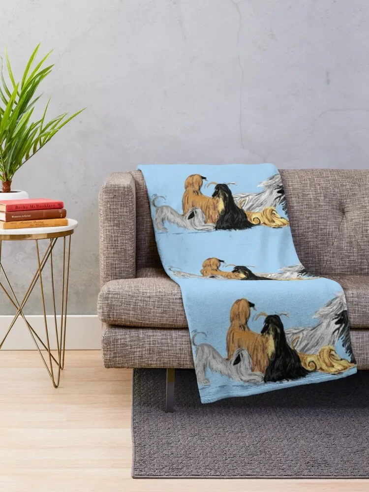 Afghan hounds, on blue Throw Blanket Plaid on the sofa For Decorative Sofa Blankets