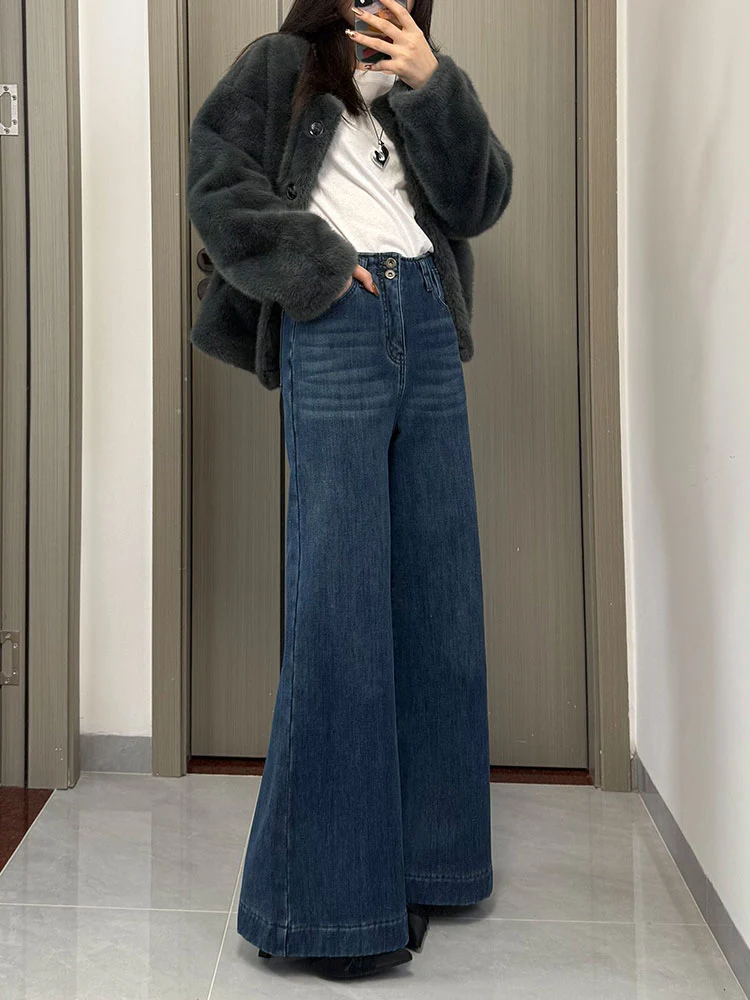 

Зима 2025 г., женские узкие прямые широкие брюки, джинсовые джинсы Cosite Fce, четырехсторонняя эластичная повседневная одежда с высокой талией