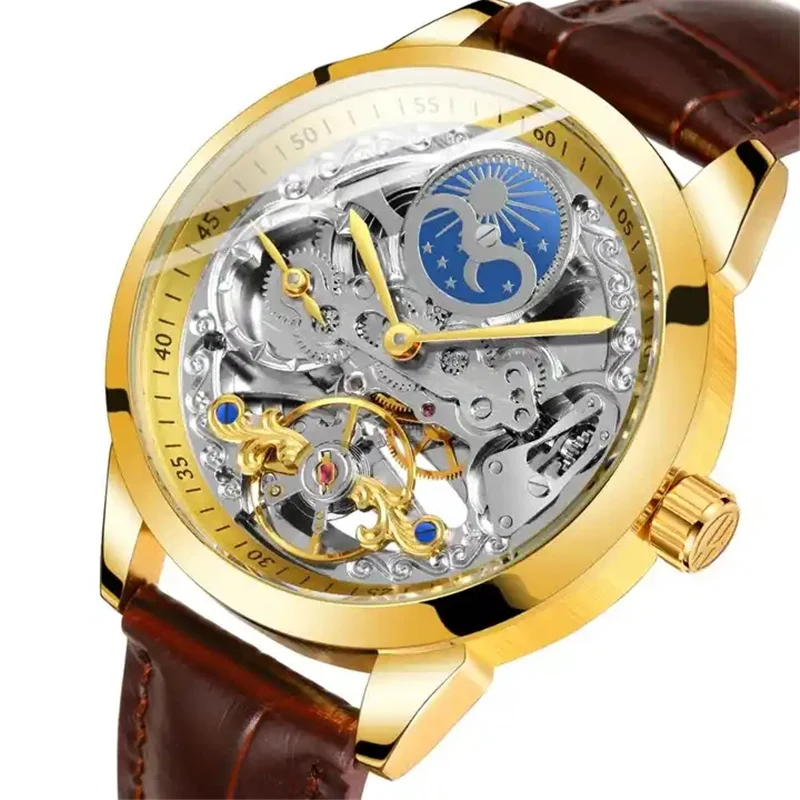 

Fashion Forsining Luxury Top Brand Authentic Moon Phase Fully Automatic Men Hollowed Mechanical Leather Watches Reloj Hombre