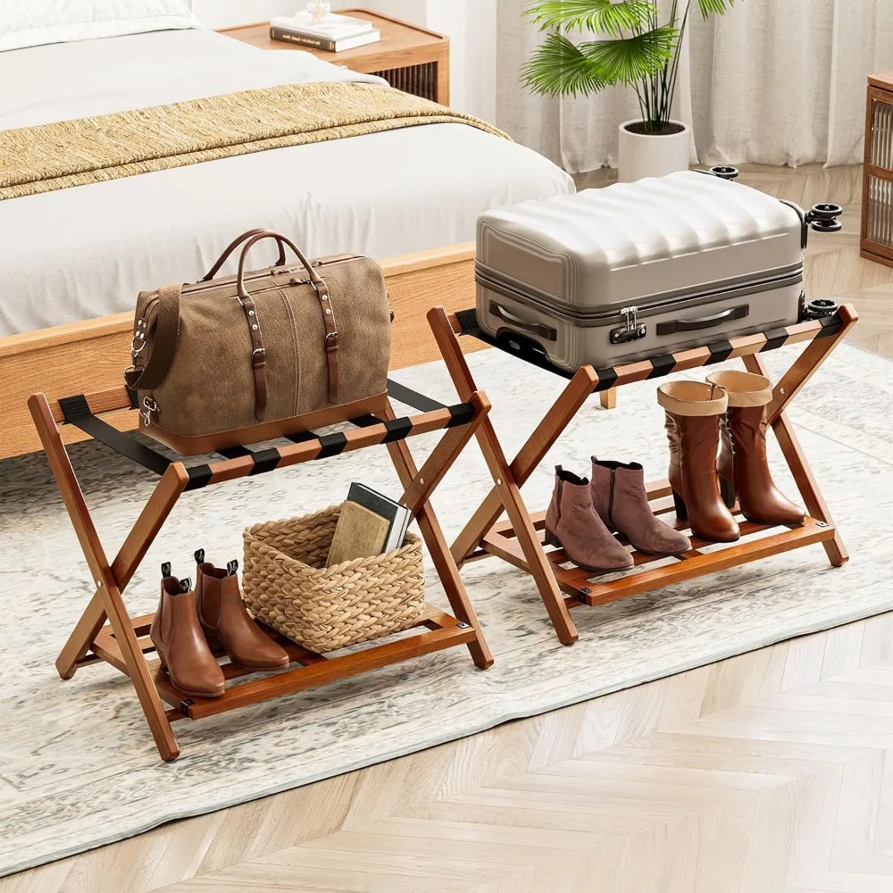 

US Shipping Foldable Bamboo Luggage Rack 2 Pack Heavy Duty Suitcase Stand with Storage Shelf for Bedroom Hotel Guest