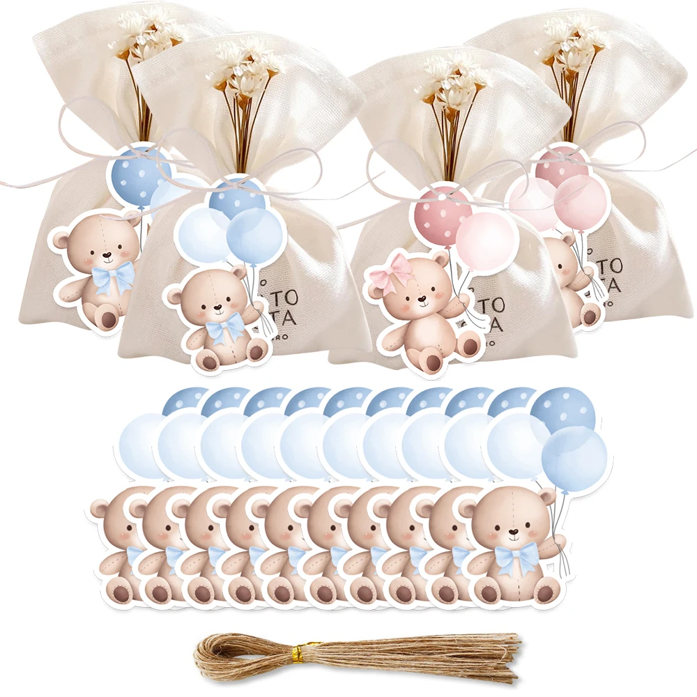 50 Stück rosa blaue Bären-Aufkleber, Cartoon-Hängeetiketten für Babyparty, Kindergeburtstag, Party-Dekorationen, Geschenke, Verpackungszubehör