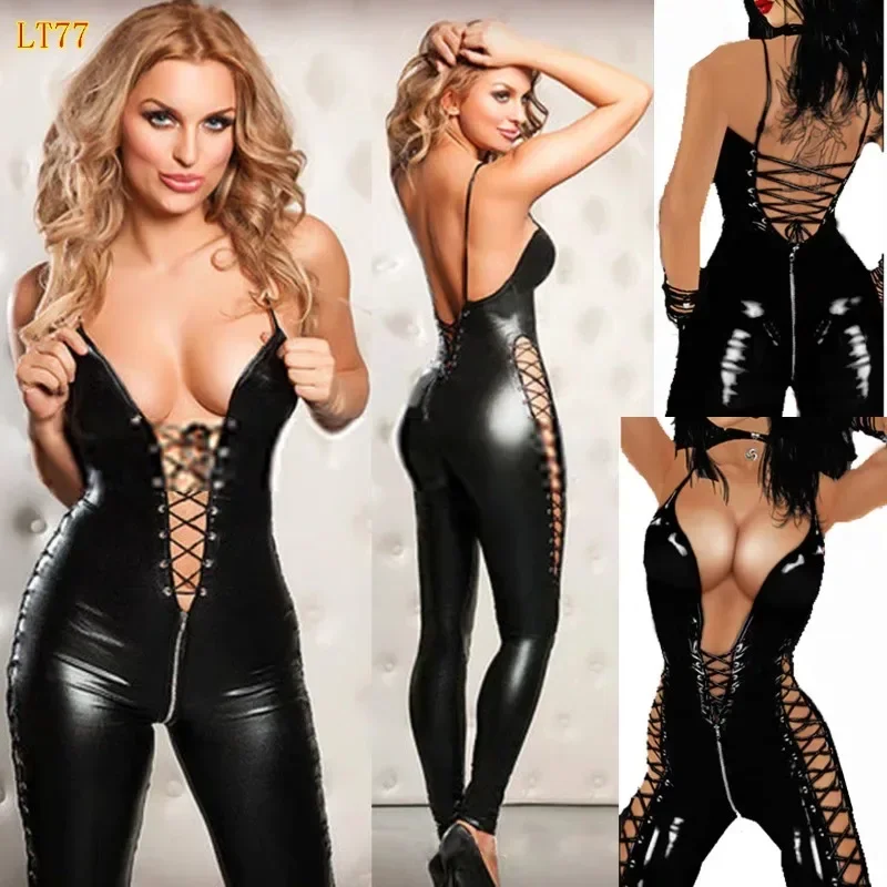 Women Sexy Costume PVC Leather Ladies Open Crotch Latex Zipper Bodysuit Catsuit Erotic Lingerie Front To After Lace-up Clubwear