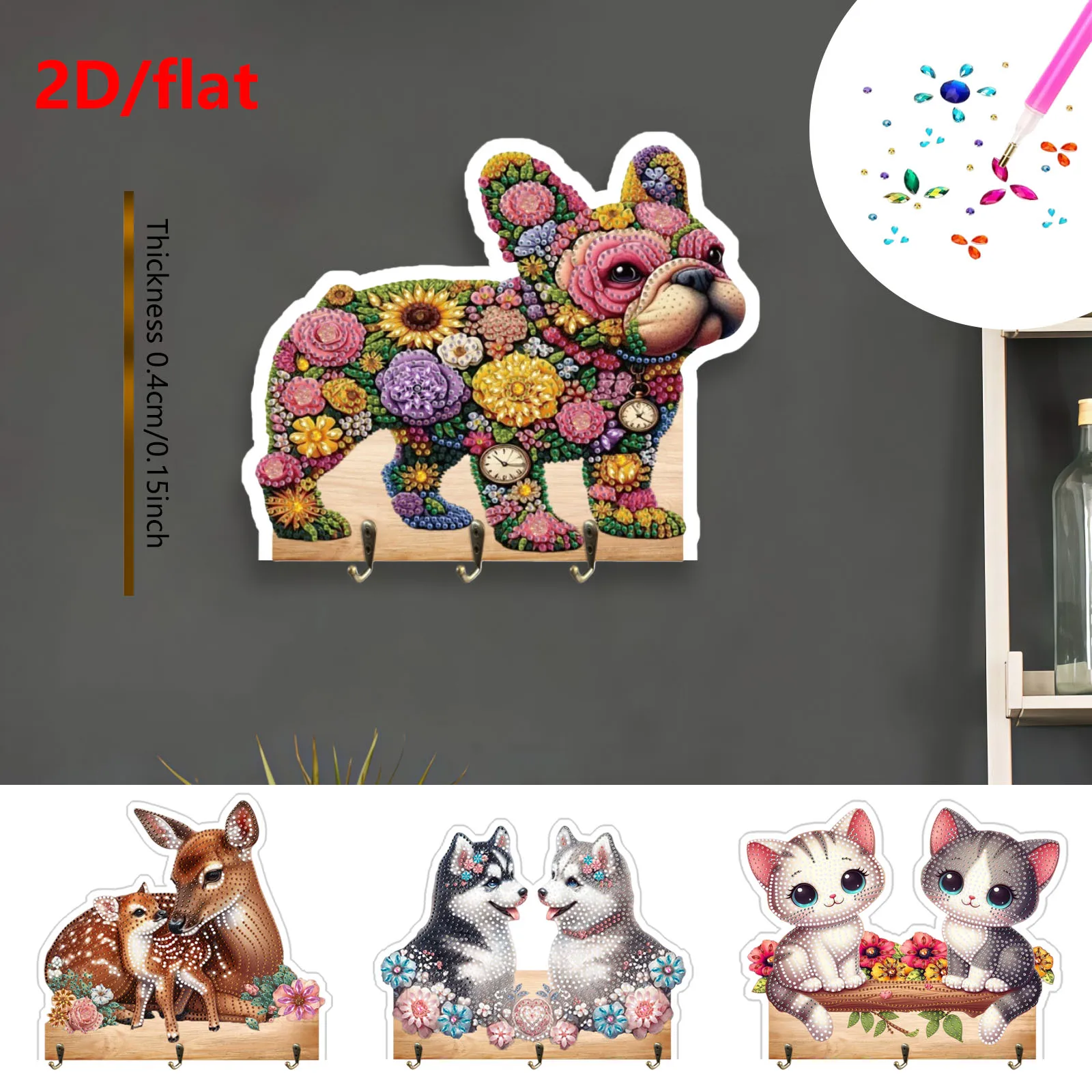 

1 DIY dog, deer, kitten pattern diamond painting set hook can also be stored, suitable for home decoration wall hanging