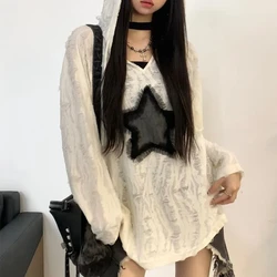 China-Chic Wasteland Style White Hooded Guards Long Sleeved Women Early Autumn Sweet Spicy Girls Tear Stars Hole Loose Top Tide