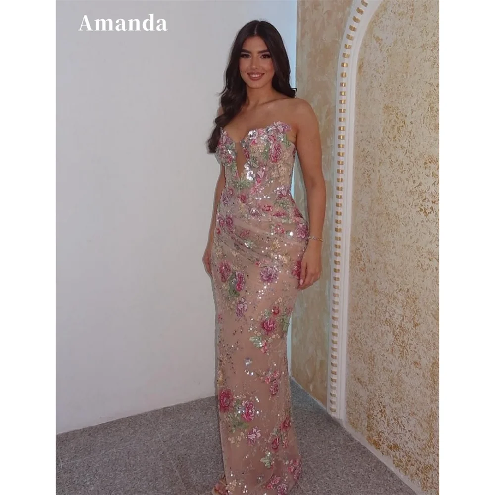 

Amanda Customized Mermaid Floral Embroidery Prom Dress Strapless Sequined vestidos de noche High Split Sleeveless Formal Evening