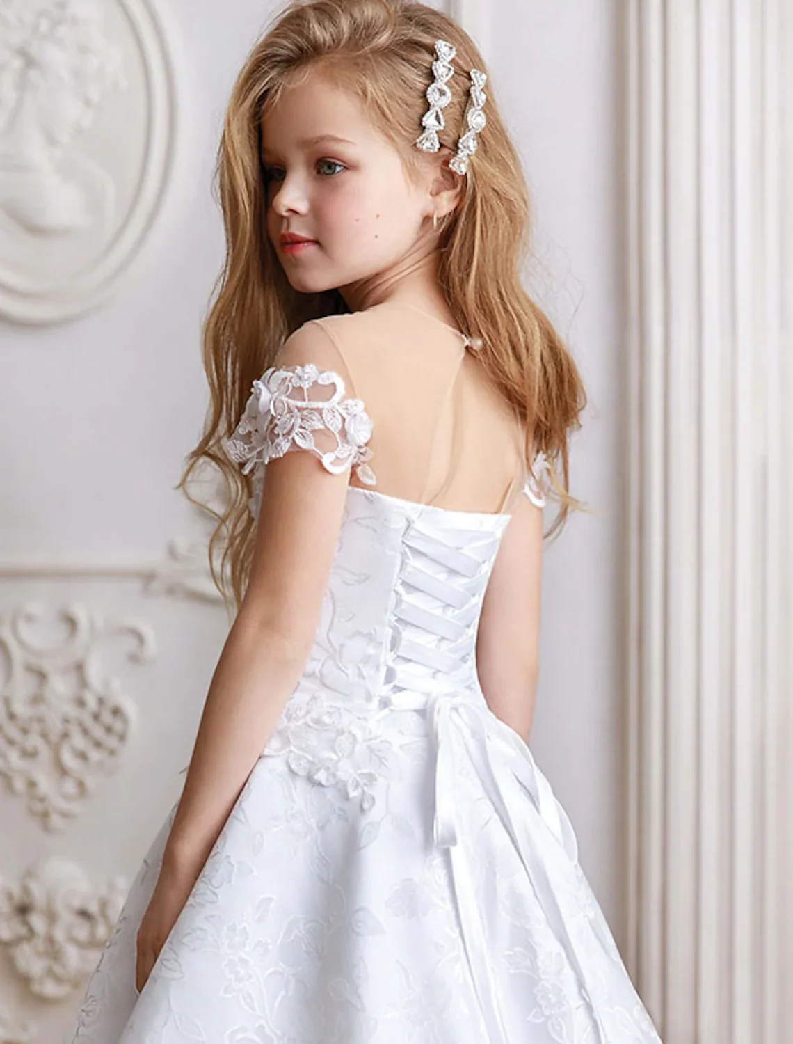 Princess Floor Length Flower Girl Dresses Party Polyester Short Sleeve Jewel Neck with Pattern / Print 2022