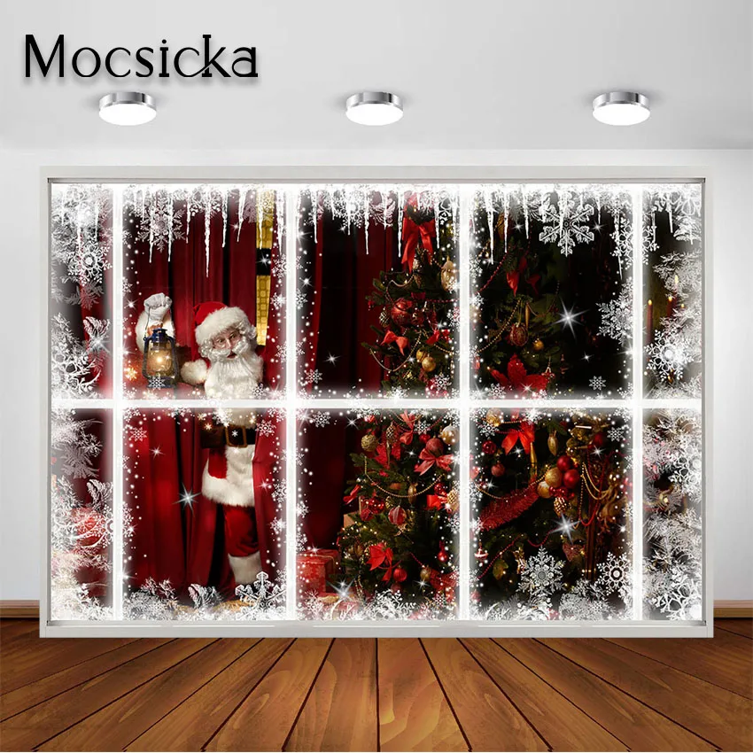 Mocsicka Winter Christmas Photography Backdrop Xmas Window Santa Claus Background Baby Kids Party Portrait Photo Studio Props