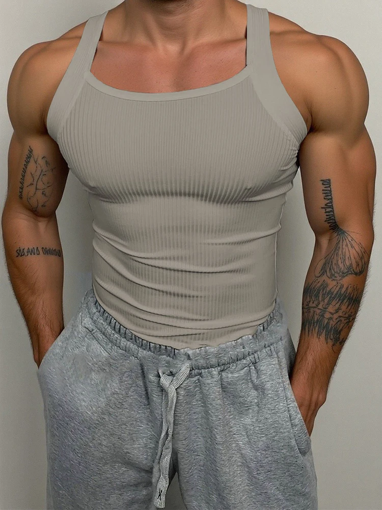 Classic Men's Ribbed Tank Tops Elastic Slim Fit Breathable Solid Color Camisoles Men Fashion Sleeveless Straps Vest Tops image 2